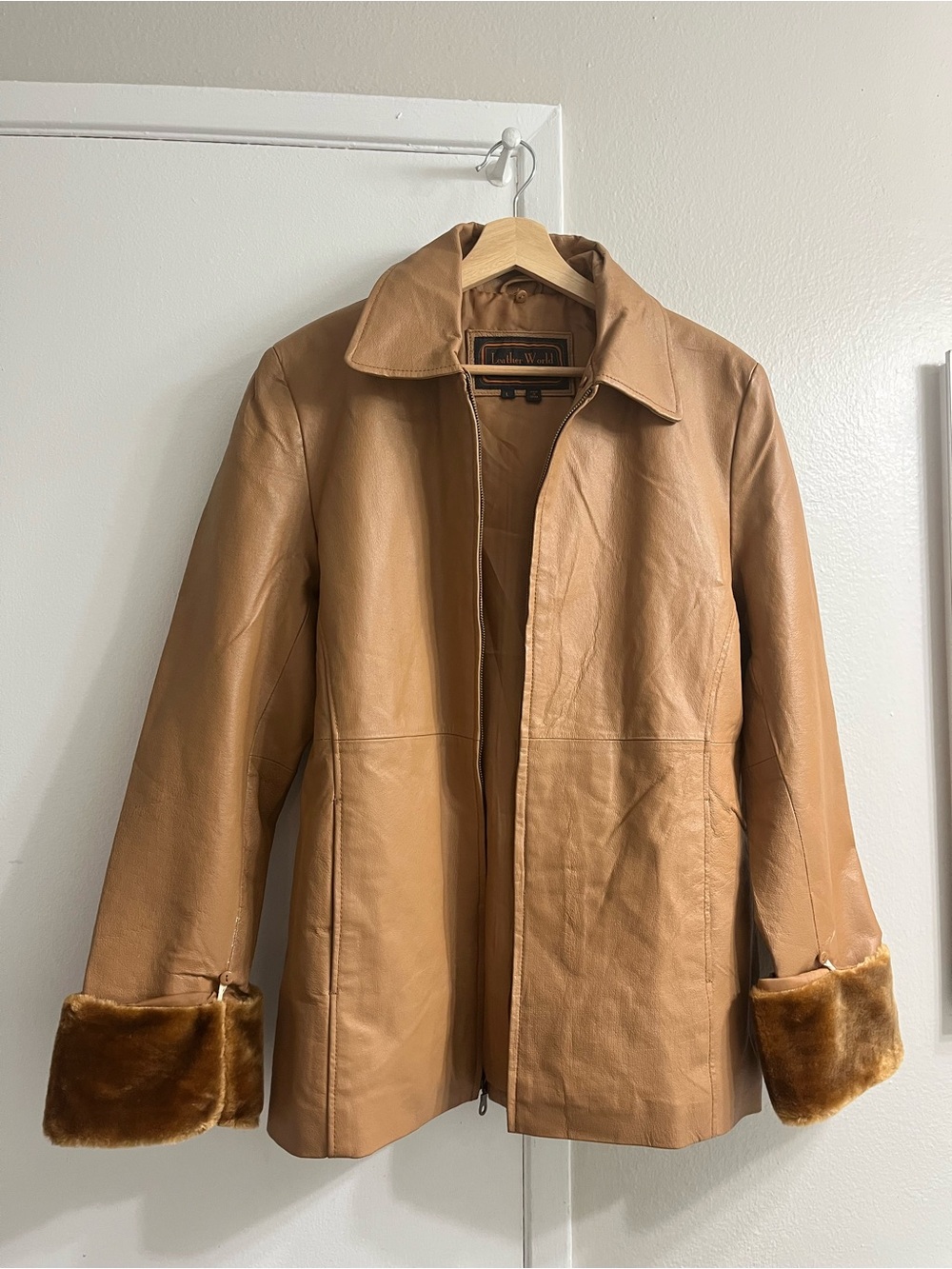 Unknown Brand Women's Tan Leather Coat with Fur Cuffs